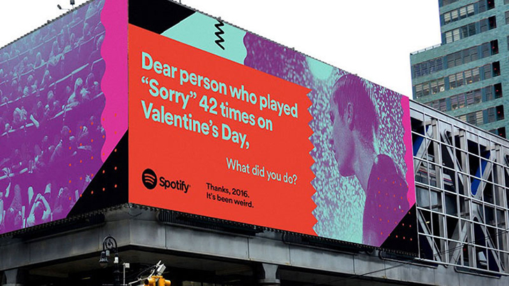 Spotify billboard: 'Dear person who played Sorry 42 times on Valentine's Day, what did you do?'