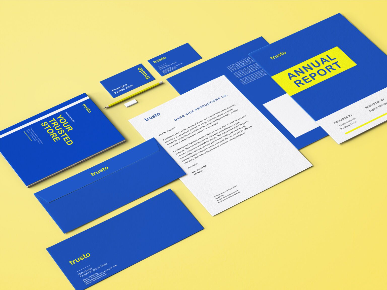 Trusto stationery in blue and yellow